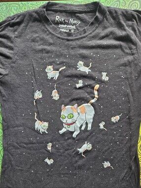 Adult Swim Black Tee with Floating Calico Cats Womens Small